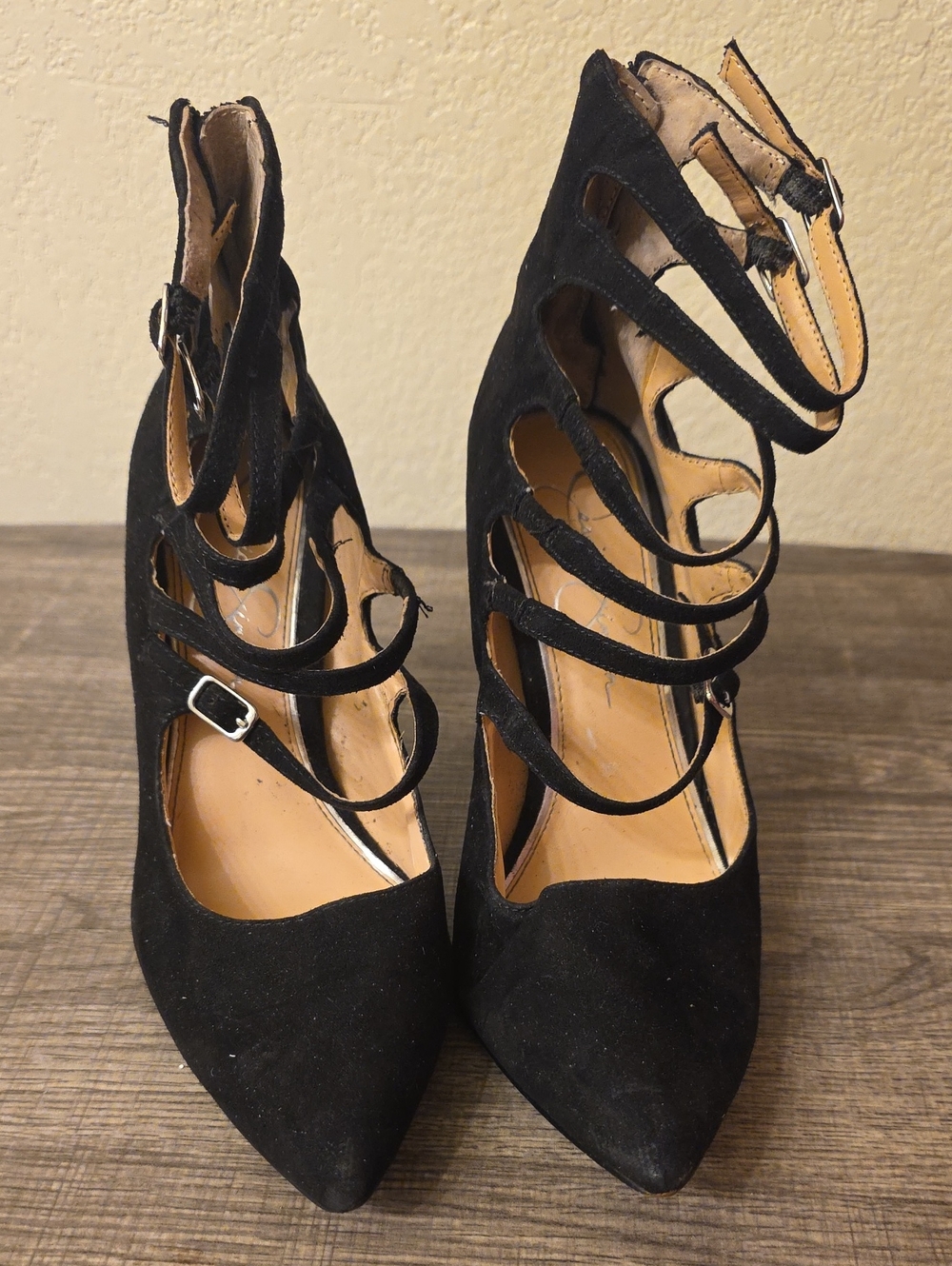 Jessica Simpson Black Strappy Pointed-Toe Heels with Ankle Buckles Size 6.5